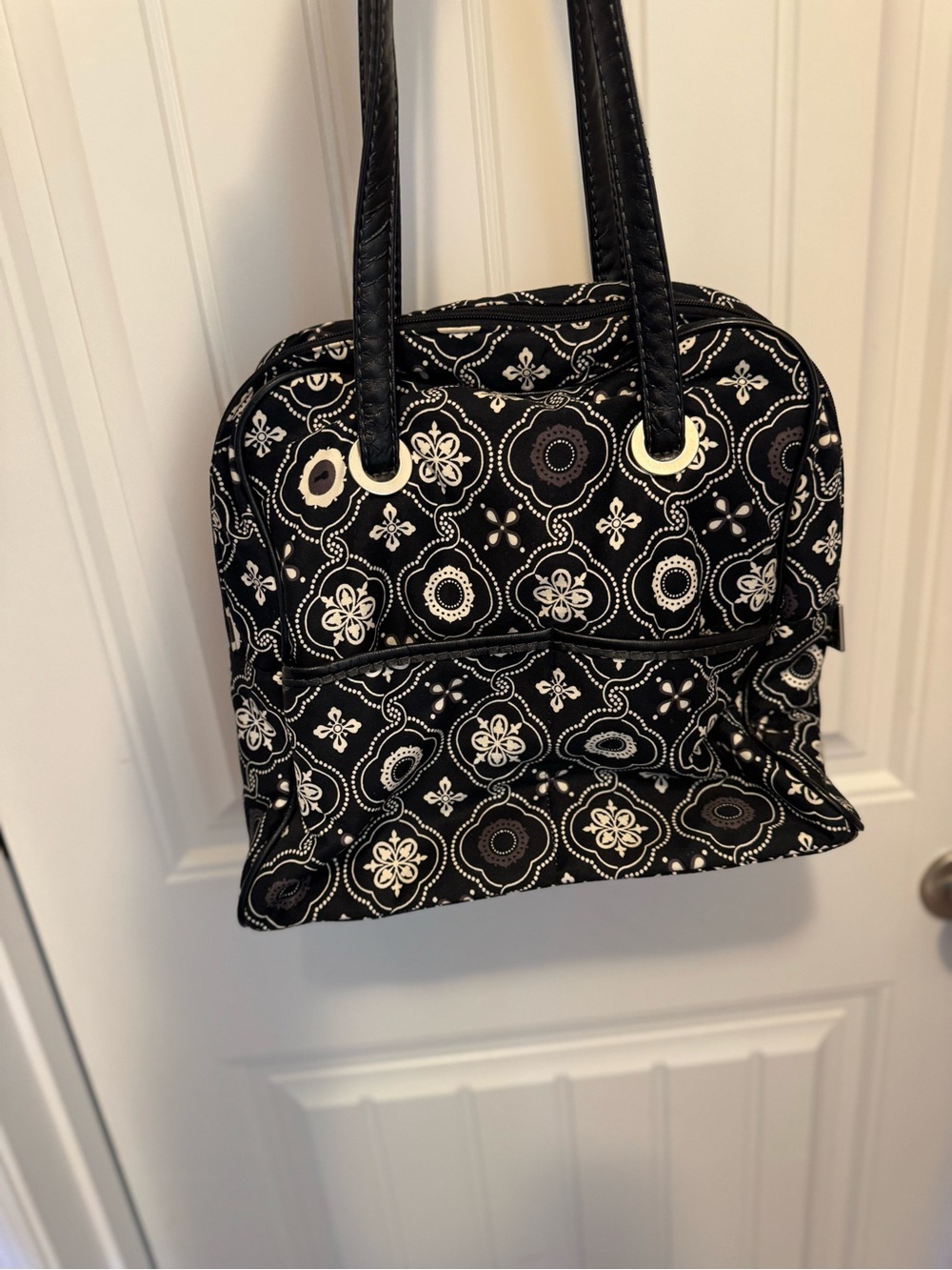 thirty-one Black and White Floral Tote with Silver Accents